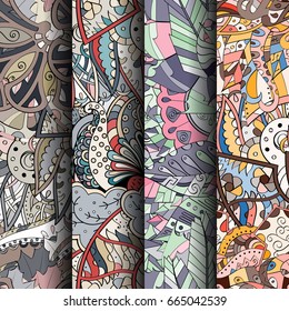 Set of tracery colorful seamless patterns. Vertical stripes. Curved doodling backgrounds for textile or printing with mehndi and ethnic motives. Vector
