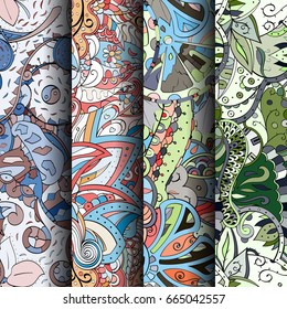 Set of tracery colorful seamless patterns. Vertical stripes. Curved doodling backgrounds for textile or printing with mehndi and ethnic motives. Vector