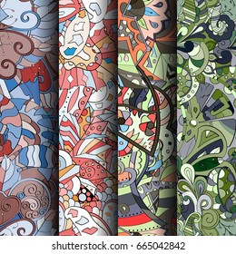 Set of tracery colorful seamless patterns. Vertical stripes. Curved doodling backgrounds for textile or printing with mehndi and ethnic motives. Vector