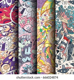 Set of tracery colorful seamless patterns. Vertical stripes. Curved doodling backgrounds for textile or printing with mehndi and ethnic motives. Vector
