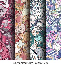 Set of tracery colorful seamless patterns. Vertical stripes. Curved doodling backgrounds for textile or printing with mehndi and ethnic motives. Vector