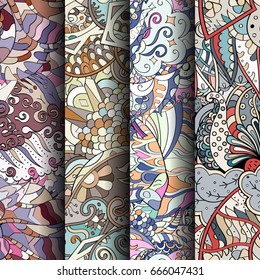 Set of tracery colorful seamless patterns. Vertical stripes. Curved doodling backgrounds for textile or printing with mehndi and ethnic motives. Vector