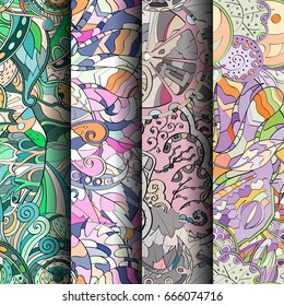Set of tracery colorful seamless patterns. Vertical stripes. Curved doodling backgrounds for textile or printing with mehndi and ethnic motives. Vector