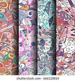 Set of tracery colorful seamless patterns. Vertical stripes. Curved doodling backgrounds for textile or printing with mehndi and ethnic motives. Vector