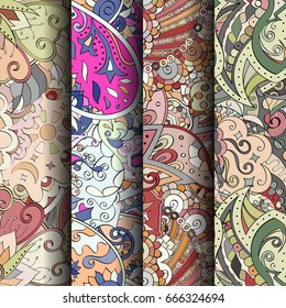 Set of tracery colorful seamless patterns. Vertical stripes. Curved doodling backgrounds for textile or printing with mehndi and ethnic motives. Vector