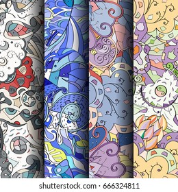 Set of tracery colorful seamless patterns. Vertical stripes. Curved doodling backgrounds for textile or printing with mehndi and ethnic motives. Vector