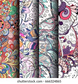 Set of tracery colorful seamless patterns. Vertical stripes. Curved doodling backgrounds for textile or printing with mehndi and ethnic motives. Vector