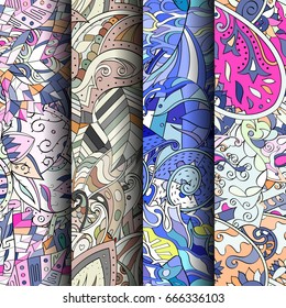 Set of tracery colorful seamless patterns. Vertical stripes. Curved doodling backgrounds for textile or printing with mehndi and ethnic motives. Vector