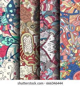 Set of tracery colorful seamless patterns. Vertical stripes. Curved doodling backgrounds for textile or printing with mehndi and ethnic motives. Vector