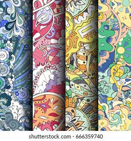 Set of tracery colorful seamless patterns. Vertical stripes. Curved doodling backgrounds for textile or printing with mehndi and ethnic motives. Vector
