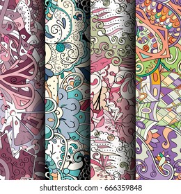 Set of tracery colorful seamless patterns. Vertical stripes. Curved doodling backgrounds for textile or printing with mehndi and ethnic motives. Vector