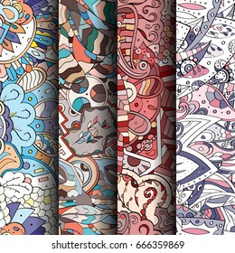 Set of tracery colorful seamless patterns. Vertical stripes. Curved doodling backgrounds for textile or printing with mehndi and ethnic motives. Vector