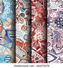 Set of tracery colorful seamless patterns. Vertical stripes. Curved doodling backgrounds for textile or printing with mehndi and ethnic motives. Vector