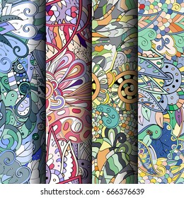 Set of tracery colorful seamless patterns. Vertical stripes. Curved doodling backgrounds for textile or printing with mehndi and ethnic motives. Vector