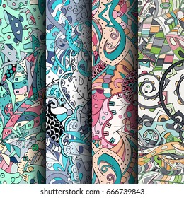 Set of tracery colorful seamless patterns. Vertical stripes. Curved doodling backgrounds for textile or printing with mehndi and ethnic motives. Vector