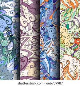 Set of tracery colorful seamless patterns. Vertical stripes. Curved doodling backgrounds for textile or printing with mehndi and ethnic motives. Vector