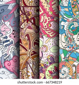 Set of tracery colorful seamless patterns. Vertical stripes. Curved doodling backgrounds for textile or printing with mehndi and ethnic motives. Vector