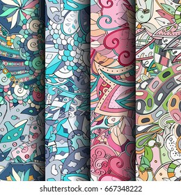Set of tracery colorful seamless patterns. Vertical stripes. Curved doodling backgrounds for textile or printing with mehndi and ethnic motives. Vector