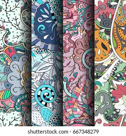 Set of tracery colorful seamless patterns. Vertical stripes. Curved doodling backgrounds for textile or printing with mehndi and ethnic motives. Vector