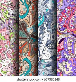 Set of tracery colorful seamless patterns. Vertical stripes. Curved doodling backgrounds for textile or printing with mehndi and ethnic motives. Vector