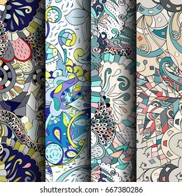 Set of tracery colorful seamless patterns. Vertical stripes. Curved doodling backgrounds for textile or printing with mehndi and ethnic motives. Vector