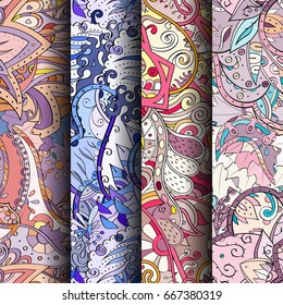 Set of tracery colorful seamless patterns. Vertical stripes. Curved doodling backgrounds for textile or printing with mehndi and ethnic motives. Vector