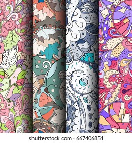 Set of tracery colorful seamless patterns. Vertical stripes. Curved doodling backgrounds for textile or printing with mehndi and ethnic motives. Vector