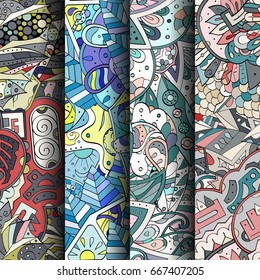 Set of tracery colorful seamless patterns. Vertical stripes. Curved doodling backgrounds for textile or printing with mehndi and ethnic motives. Vector