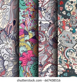 Set of tracery colorful seamless patterns. Vertical stripes. Curved doodling backgrounds for textile or printing with mehndi and ethnic motives. Vector