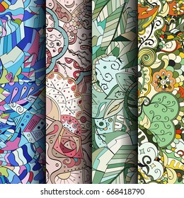 Set of tracery colorful seamless patterns. Vertical stripes. Curved doodling backgrounds for textile or printing with mehndi and ethnic motives. Vector