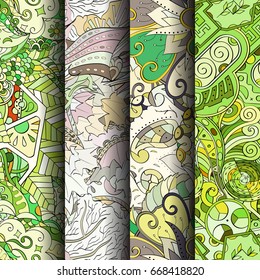 Set of tracery colorful seamless patterns. Vertical stripes. Curved doodling backgrounds for textile or printing with mehndi and ethnic motives. Vector