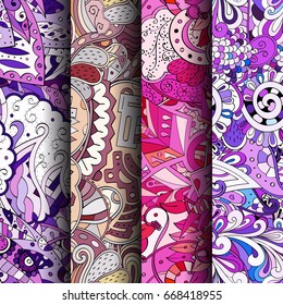 Set of tracery colorful seamless patterns. Vertical stripes. Curved doodling backgrounds for textile or printing with mehndi and ethnic motives. Vector