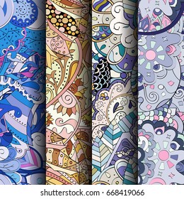Set of tracery colorful seamless patterns. Vertical stripes. Curved doodling backgrounds for textile or printing with mehndi and ethnic motives. Vector