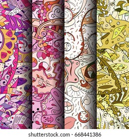Set of tracery colorful seamless patterns. Vertical stripes. Curved doodling backgrounds for textile or printing with mehndi and ethnic motives. Vector