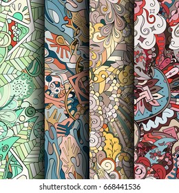 Set of tracery colorful seamless patterns. Vertical stripes. Curved doodling backgrounds for textile or printing with mehndi and ethnic motives. Vector