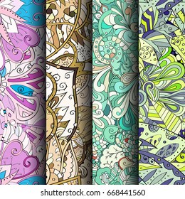 Set of tracery colorful seamless patterns. Vertical stripes. Curved doodling backgrounds for textile or printing with mehndi and ethnic motives. Vector