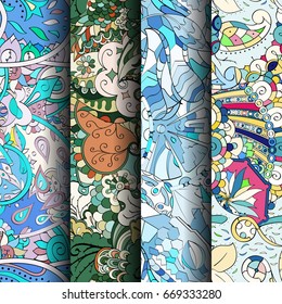 Set of tracery colorful seamless patterns. Vertical stripes. Curved doodling backgrounds for textile or printing with mehndi and ethnic motives. Vector