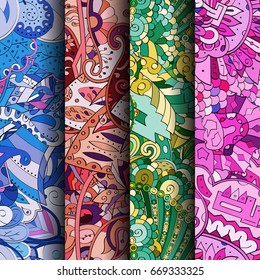 Set of tracery colorful seamless patterns. Vertical stripes. Curved doodling backgrounds for textile or printing with mehndi and ethnic motives. Vector