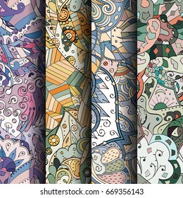 Set of tracery colorful seamless patterns. Vertical stripes. Curved doodling backgrounds for textile or printing with mehndi and ethnic motives. Vector