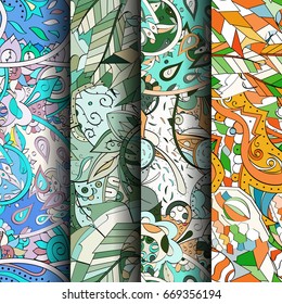 Set of tracery colorful seamless patterns. Vertical stripes. Curved doodling backgrounds for textile or printing with mehndi and ethnic motives. Vector