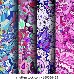 Set of tracery colorful seamless patterns. Vertical stripes. Curved doodling backgrounds for textile or printing with mehndi and ethnic motives. Vector