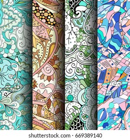 Set of tracery colorful seamless patterns. Vertical stripes. Curved doodling backgrounds for textile or printing with mehndi and ethnic motives. Vector