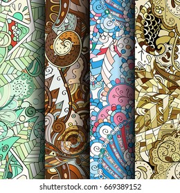 Set of tracery colorful seamless patterns. Vertical stripes. Curved doodling backgrounds for textile or printing with mehndi and ethnic motives. Vector