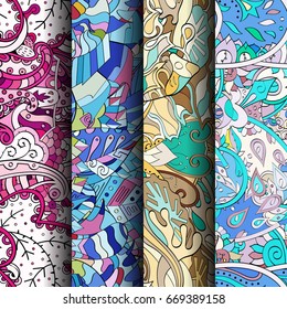 Set of tracery colorful seamless patterns. Vertical stripes. Curved doodling backgrounds for textile or printing with mehndi and ethnic motives. Vector