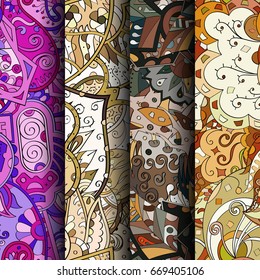 Set of tracery colorful seamless patterns. Vertical stripes. Curved doodling backgrounds for textile or printing with mehndi and ethnic motives. Vector