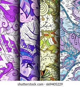 Set of tracery colorful seamless patterns. Vertical stripes. Curved doodling backgrounds for textile or printing with mehndi and ethnic motives. Vector