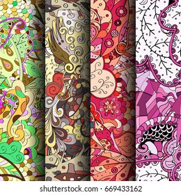 Set of tracery colorful seamless patterns. Vertical stripes. Curved doodling backgrounds for textile or printing with mehndi and ethnic motives. Vector
