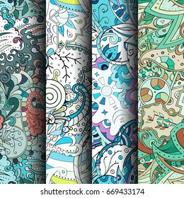 Set of tracery colorful seamless patterns. Vertical stripes. Curved doodling backgrounds for textile or printing with mehndi and ethnic motives. Vector