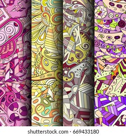 Set of tracery colorful seamless patterns. Vertical stripes. Curved doodling backgrounds for textile or printing with mehndi and ethnic motives. Vector