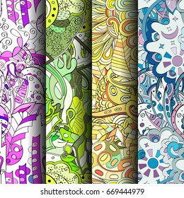 Set of tracery colorful seamless patterns. Vertical stripes. Curved doodling backgrounds for textile or printing with mehndi and ethnic motives. Vector